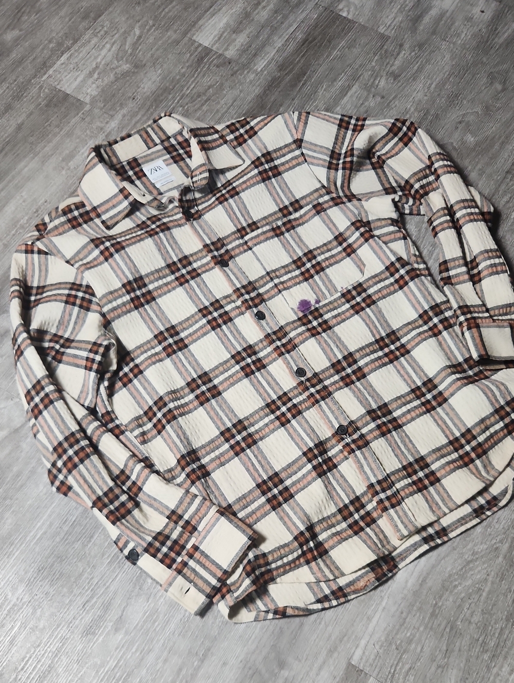 Zara Men Textured Cream Plaid Button-Up Shirt